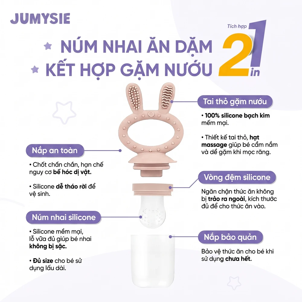 Túi Nhai Ăn Dặm Chống Hóc Jumysie Silicone - 3 Núm Nhai S M L - Ảnh 3